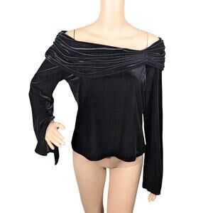 Xscape Black Stretch Velvet Off Shoulder Top Bell Sleeve Pleated Drape Blouse L
